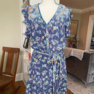 Designer Maison Derhy Floral Dress with Puffed Sleeves and Tie Waist | Size L